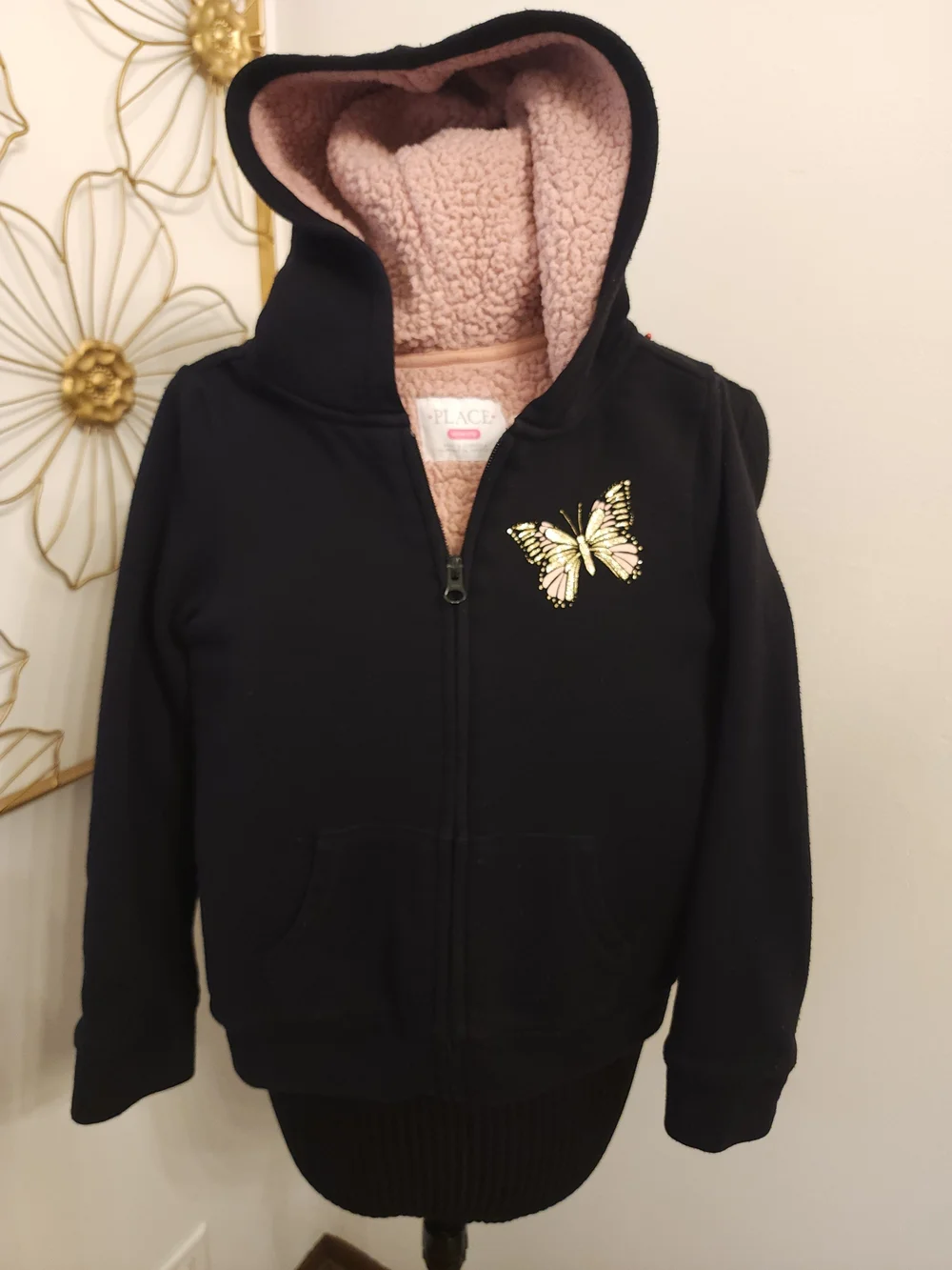 The CHILDREN'S PLACE Black Jacket with Pink Sherpa and Gold Butterfly